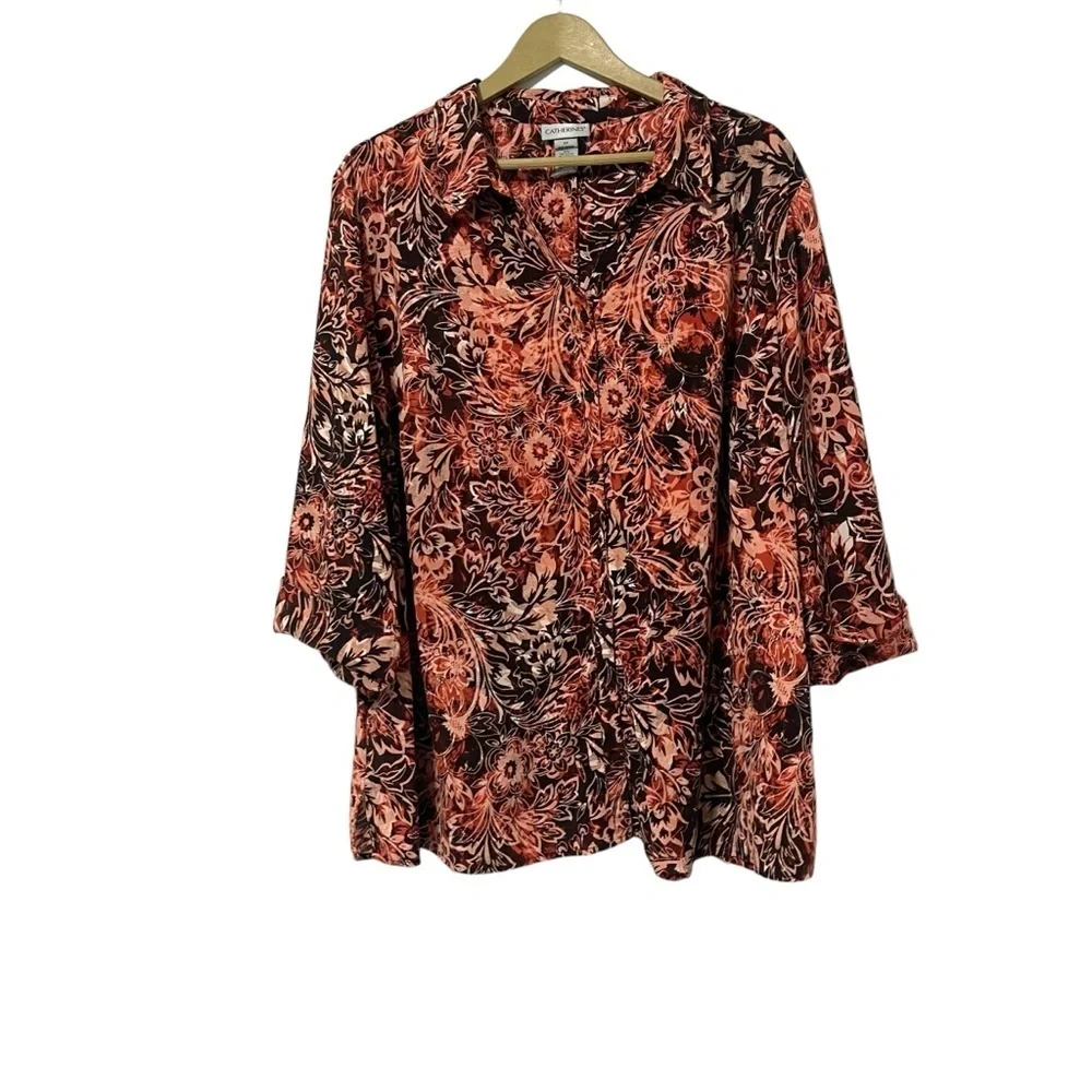 Catherine’s‎ Burgundy Red Pink Floral Print Shirt Size 2X